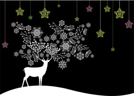 black white christmas background with deer and coloured stars