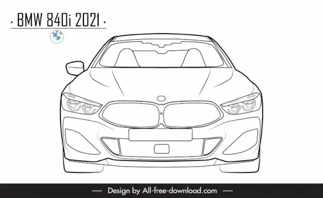 bmw 840i 2021 car model advertising template flat black white symmetric handdrawn front view outline