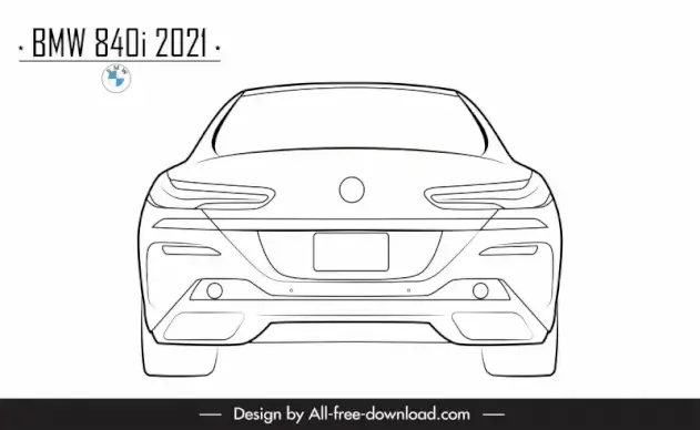 bmw 840i 2021 car model icon flat black white symmetric handdrawn back view outline