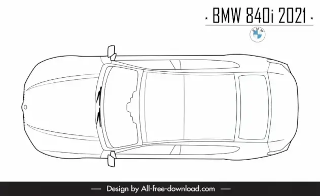 bmw 840i 2021 car model icon flat black white symmetric handdrawn top view outline
