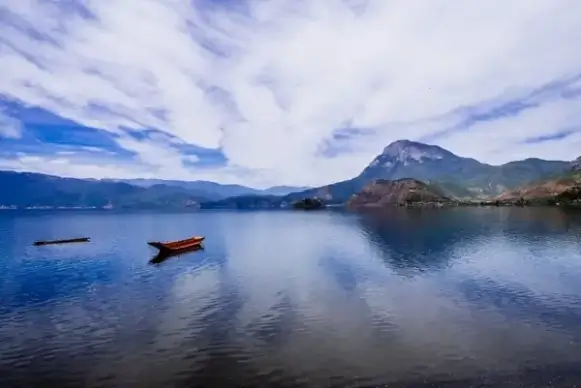 boat cloud dawn fjord fog island lake landscape