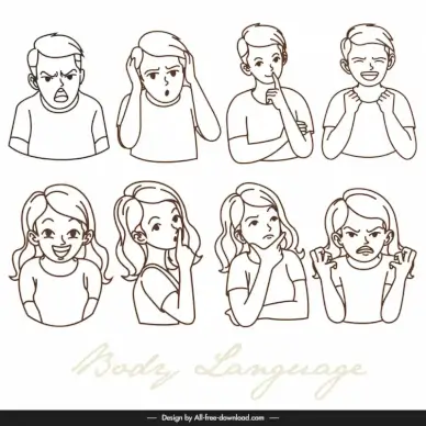 body language design elements flat handdrawn cartoon sketch