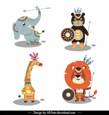 boho animal icons elephant bear giraffe lion sketch