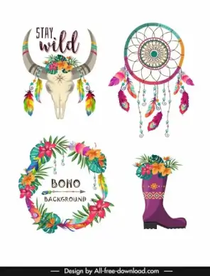 boho decorative icons colorful bull dream catcher flowers
