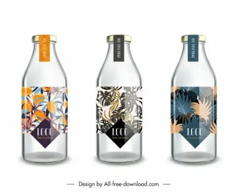 bottle labels templates shiny modern sketch colorful leaves