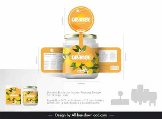 box and bottle jar sticker package design for orange jam advertising template bright elegant modern design