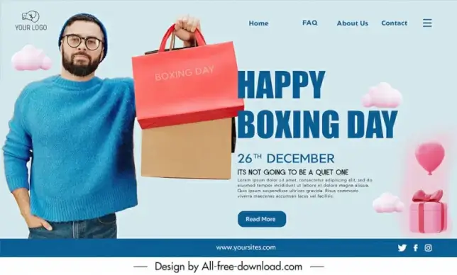 boxing day landing page template man shopping bags sketch modern realistic design 