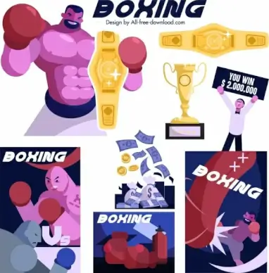 boxing design elements boxers cup money icons sketch