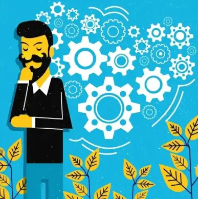 brainstorming conceptual drawing thinking man gears trees icons