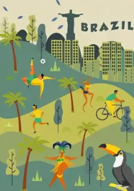 brazil background landscape people parrot icons classical design