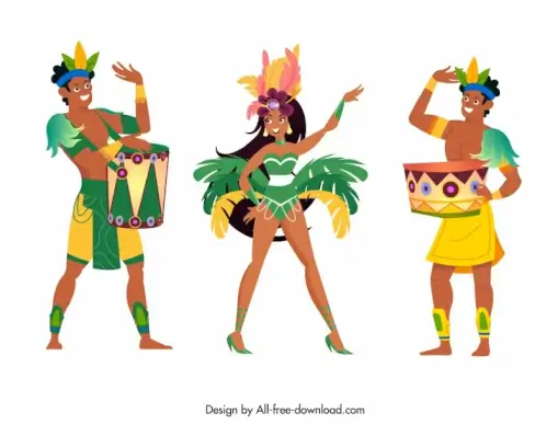 brazil carnival dancers icon dynamic cartoon characters sketch 