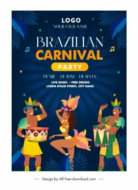 brazilian carnival party poster template dynamic cartoon dancers sketch 