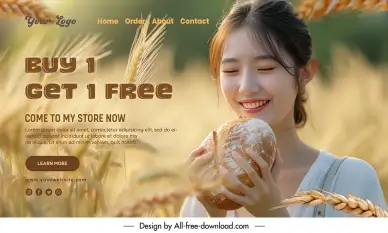 bread store landing page template elegant girl wheat field