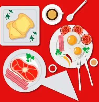 breakfast background bread fried eggs bacon icons decor