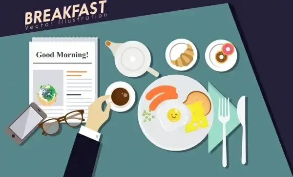 breakfast background fast food tea hand icons