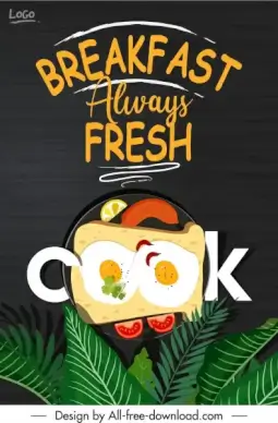 breakfast banner template dish leaves sketch elegant dark