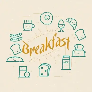breakfast design elements various food icons flat sketch
