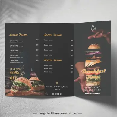 breakfast time menu template dar elegant trifold design