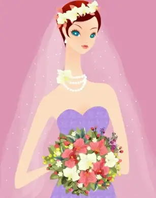 bride holding flowers bouquet drawing cute cartoon design