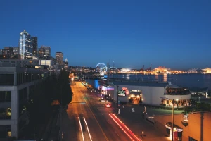 bridge building car city cityscape dusk evening
