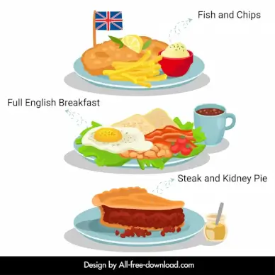 british cuisine icons colorful classical sketch