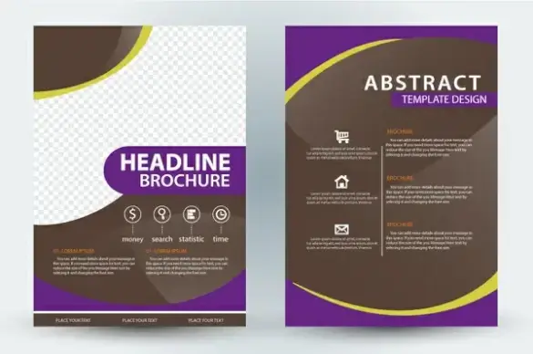 brochure template design with violet and checkered background