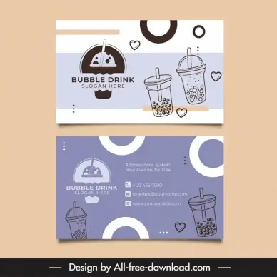 bubble drink business card template classical flat handdrawn cups circle hearts decor