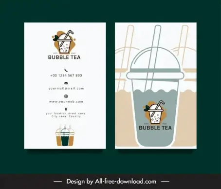 bubble tea business card template flat classical design cup straw sketch