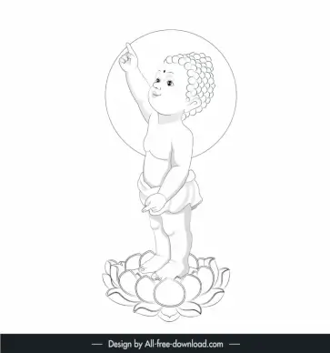 buddha birth design elements black white handdrawn outline