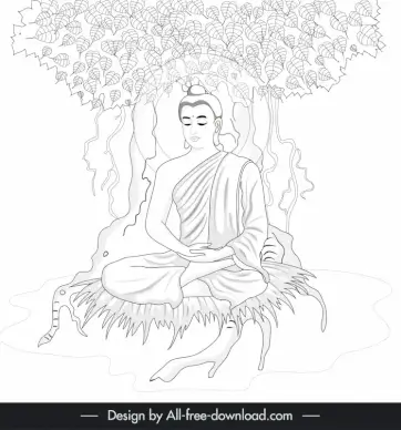 buddha meditating under bodhi tree painting black white handdrawn outline