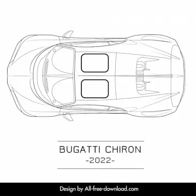 bugatti chiron 2022 car model icon flat black white symmetric handdrawn top view outline