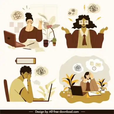 burnout conceptual iconsexhausted people sketch cartoon characters