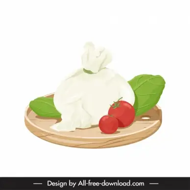 burrata puglia italian fresh cheese food icon classical design chopping board tomato leaf decor