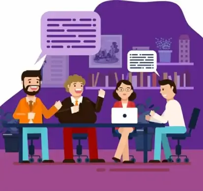 business background meeting staffs speech bubbles cartoon characters