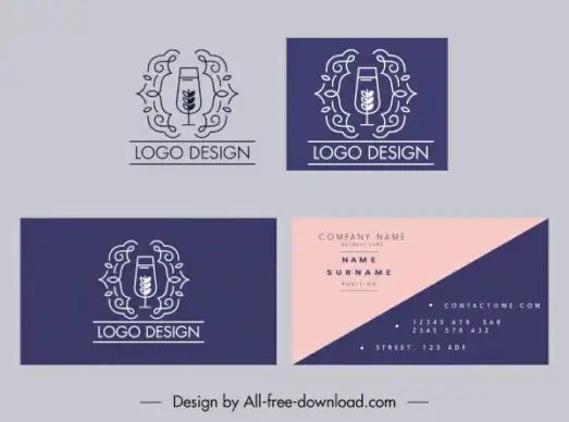 business card decor elements flat elegant wineglass vintage sketch