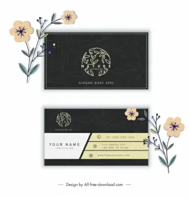 business card template elegant dark flat leaves sketch