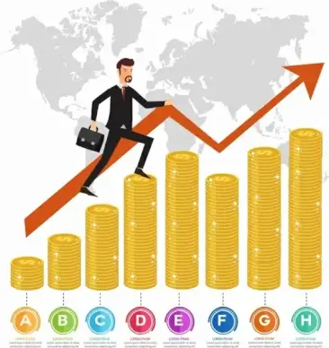 business graph template golden coins businessman arrow decor