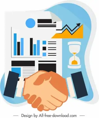 business icons handshake charts elements sandglass sketch