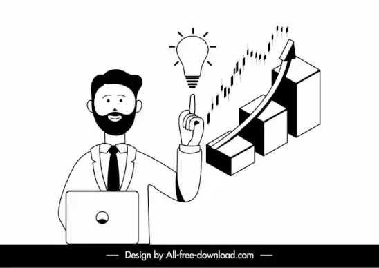 business idea concept icon businessman lightbulb column chart sketch black white cartoon