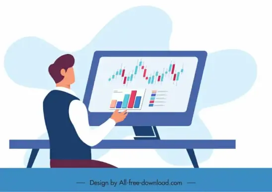 business man icon computer screen trading charts decor cartoon sketch