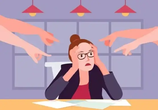 business problem background female staff pointing hands icons