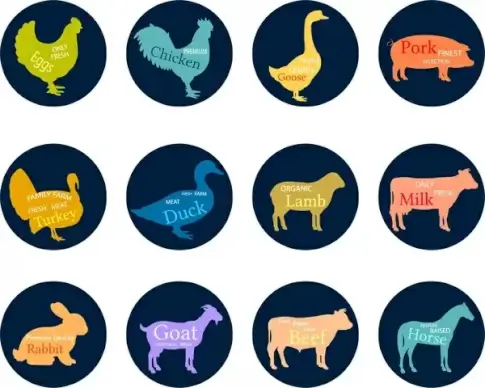 butchery labels isolated with various animals silhouettes tyles