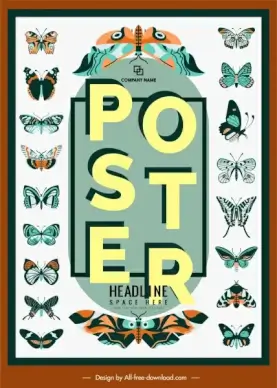 butterflies collection poster colorful flat design