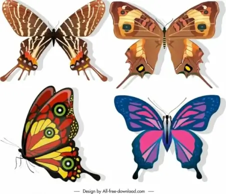 butterflies species icons dark colorful sketch