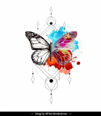butterfly tattoo template colorful grunge decor symmetric design