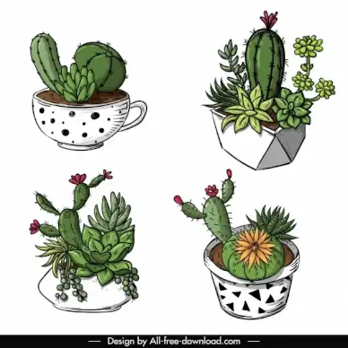 cactus pot icons classic 3d handdrawn sketch