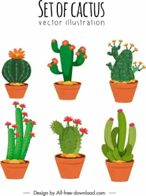 cactus pots icons flora thorny shapes sketch