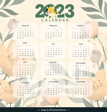 calendar 2023 background template elegant classic blurred flowers kitty sketch