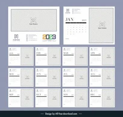 calendar 2023 design elements simple flat plain checkered frames outline