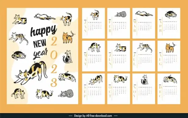 calendar 2023 template classical handdrawn cats species sketch
